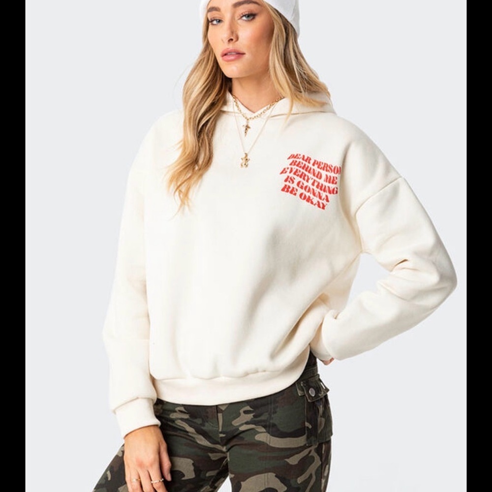 Edikted Cream Hoodie with Red Text - Picture 2 of 5